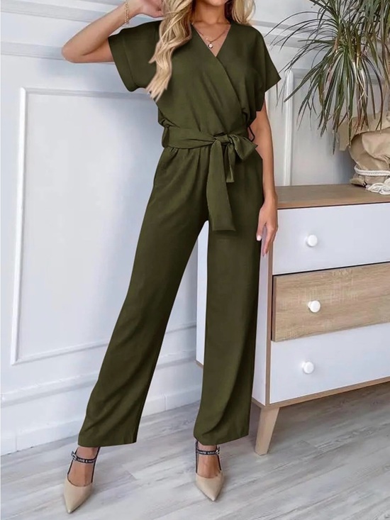 PrettyGarden Pants - Olive Wrap Front Jumpsuit with Self-Tie Waist